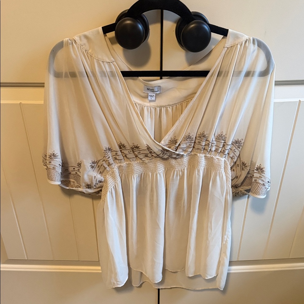 Mimi Maternity Cream Blouse with Embroidered Details 100% Silk Babydoll Large